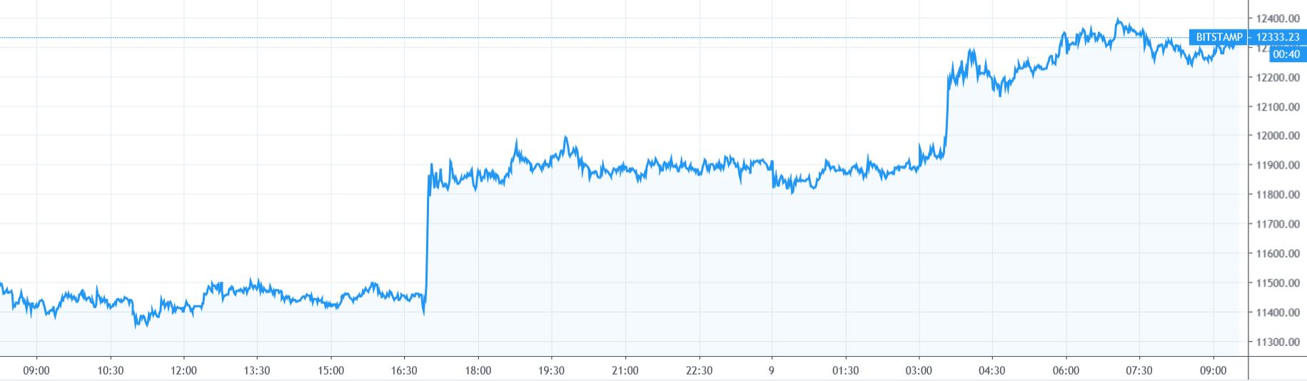 【每日币评】上午9：00比特币报收12210.4美元，上涨7.34%